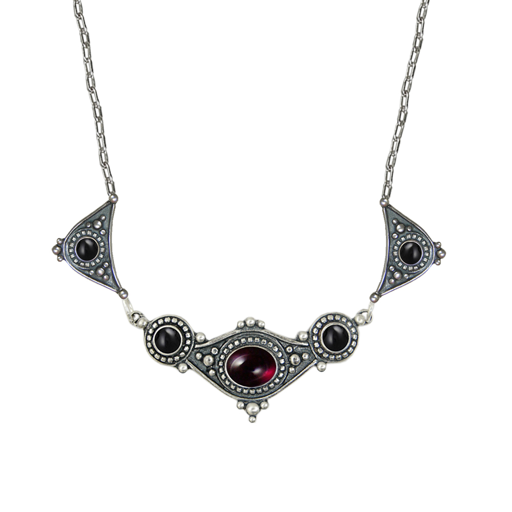 Sterling Silver Romantic Necklace With Garnet And Black Onyx
